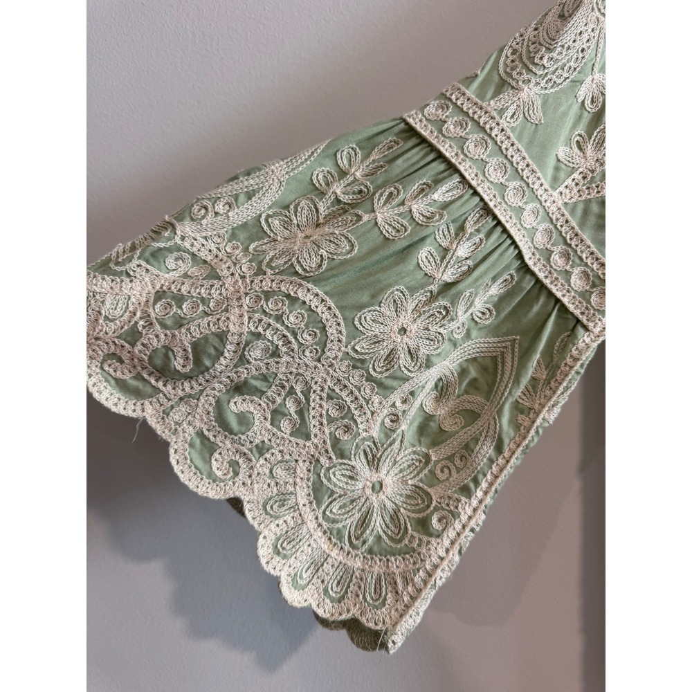Cottage Ana & Rose Embroidered Boho Blouse Womens L Green Bell Sleeve Scallop - Picture 5 of 7